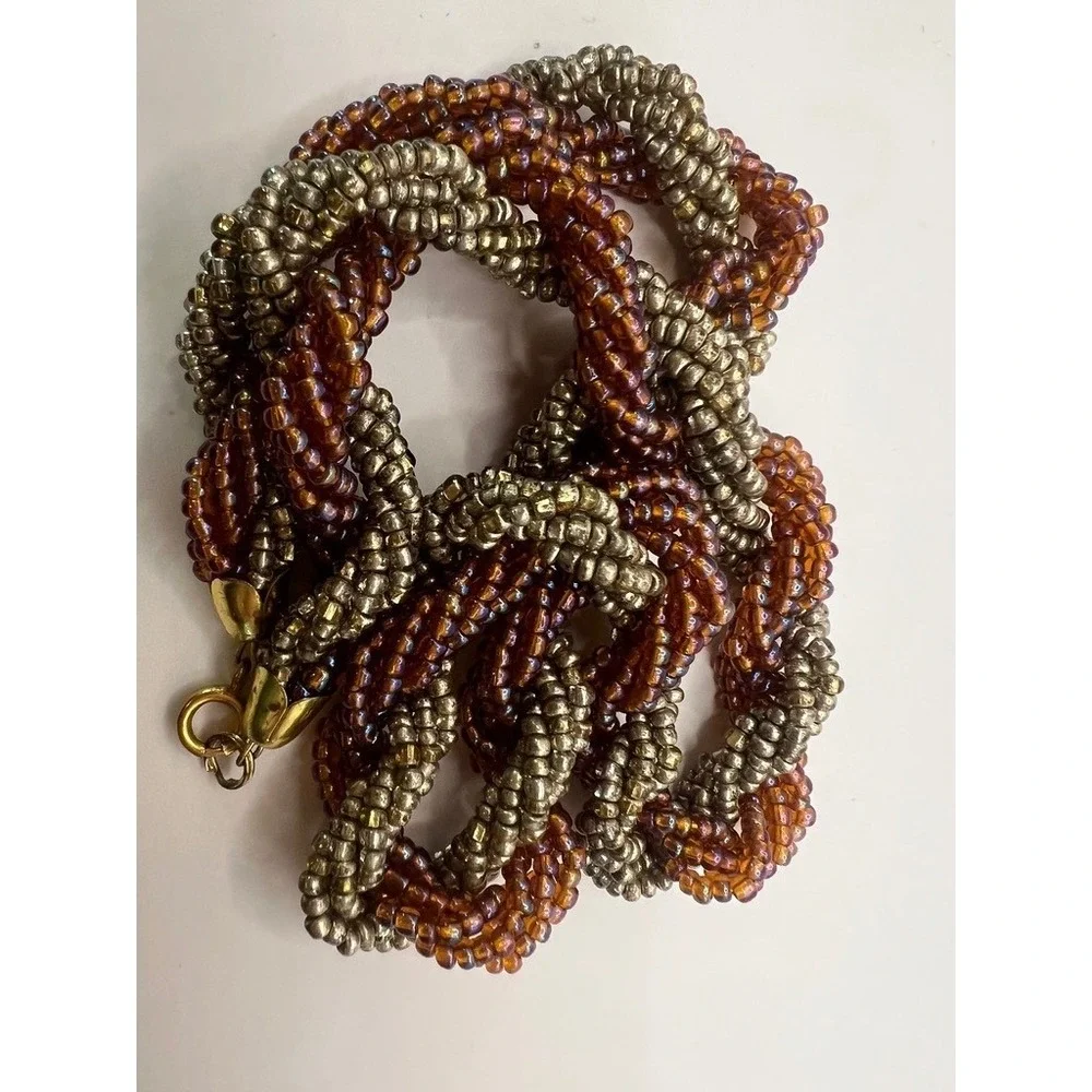 Vintage Necklace Twisted Glass Seed Bead Amber Iridescent Multi Strand Statement